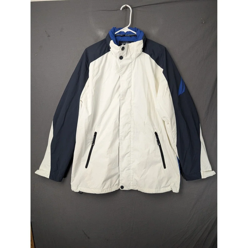 Nautica Mens Colorblock Windbreaker Jacket White Navy Blue Large Hidden Hood